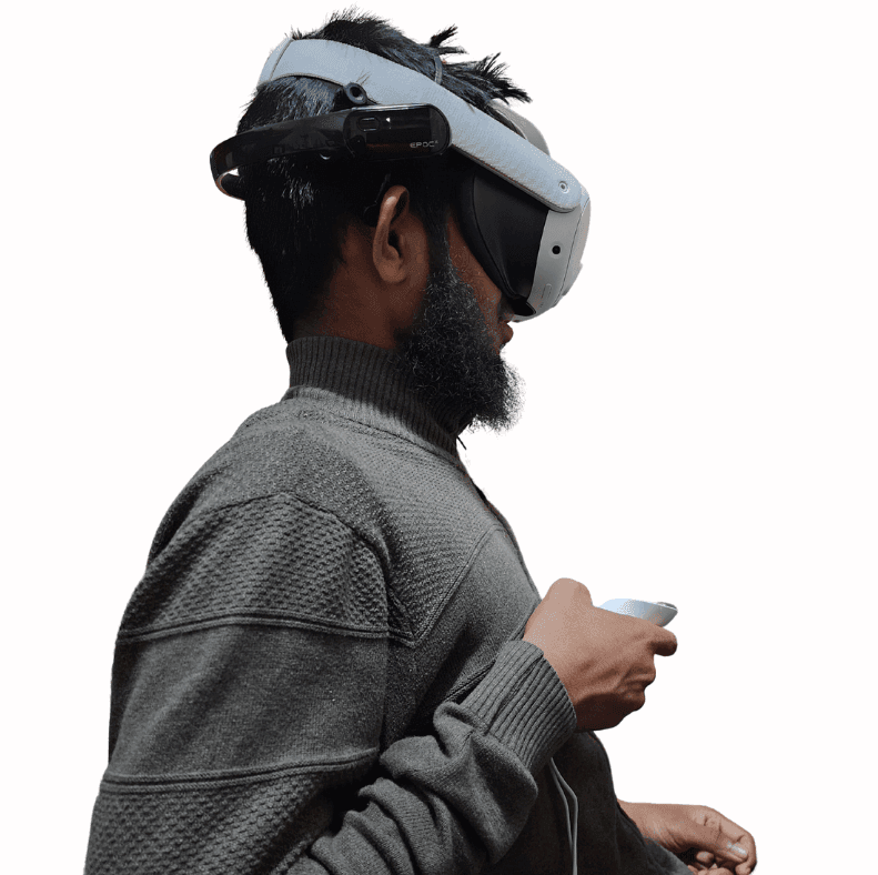 Tanvir wearing a Meta Quest 3 VR headset fitted with EEG sensors during an immersive cognitive load experiment
